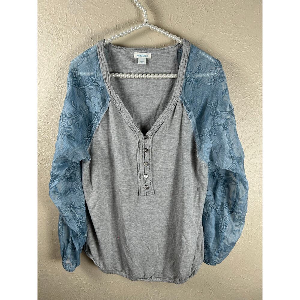 Sundance Size Large Top Bohemian Cottage Blouse Fairy Whimsy Gray Blue Shirt